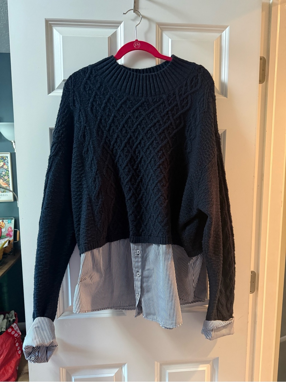 Maeve Navy Cable-Knit Sweater with Striped Shirt Hem